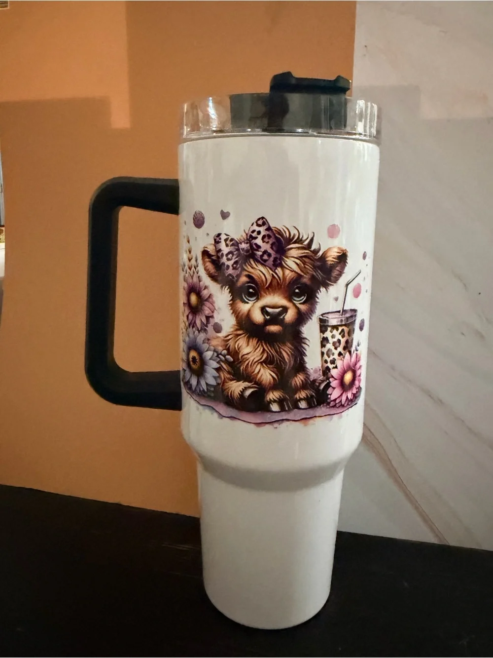 32 oz Highlander Baby Cows Purple Flowers Stainless Steel Insulated Tumbler